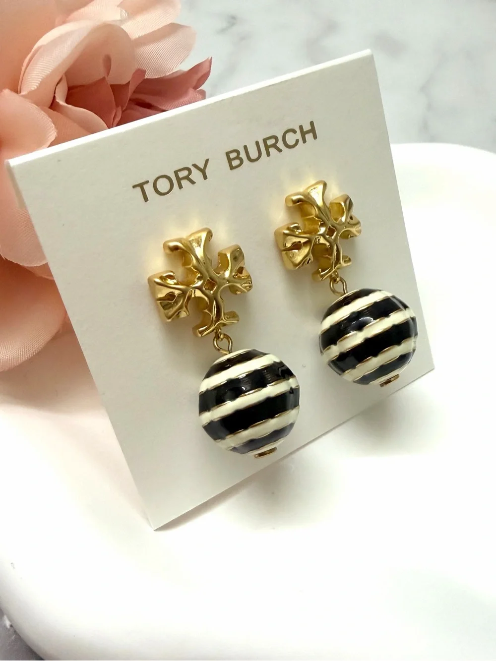 Tory Burch Gold Logo Drop Earrings with Black and White Striped Spheres